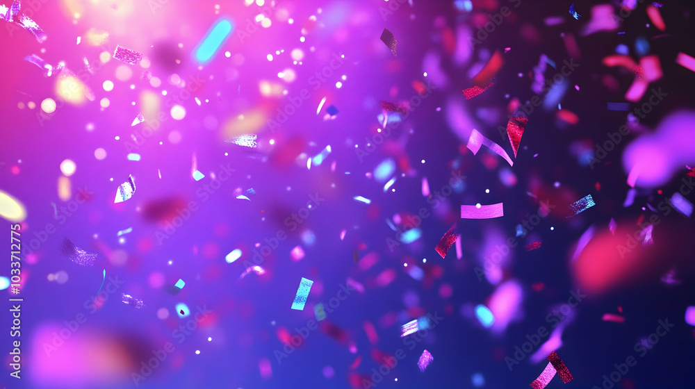 Wall mural colorful neon confetti dances through the air, set against a rich tapestry of purple, red, and blue.