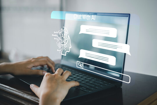 Chat BOT,Artificial Intelligence technology,Machine learning,Digital Communication Concept.,Chat With AI vitual screen on laptop idea for business and technology assistant.
