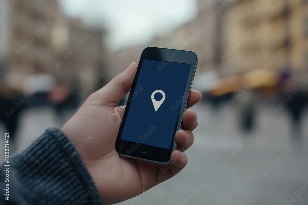 Aufkleber A hand grips a smartphone showing a location pin on the screen, set against a bustling urban daytime atmosphere. Generative AI