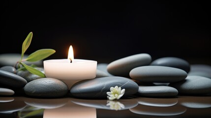 Smooth river rocks surround a glowing candle, creating a serene and calming atmosphere perfect for meditation and tranquility.