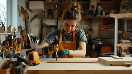 Young woman skillfully using a drill in a cozy workshop filled with tools and wood projects during the day