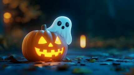 Halloween concept of a cartoon ghost peeking from a jack-o-lantern pumpkin -