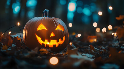 Naklejka premium A Halloween pumpkin glowing warmly amid string lights and autumn leaves for a spooky yet festive atmosphere -
