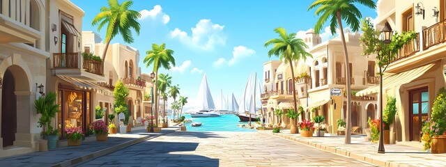 Fototapeta premium A beautiful illustration of the coastal city street in Sh quien el marina, Egypt with luxury villas and shops on either side of it.