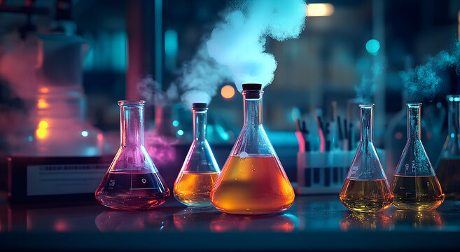 Colorful laboratory setup with glass flasks producing steam during a chemistry experiment at night