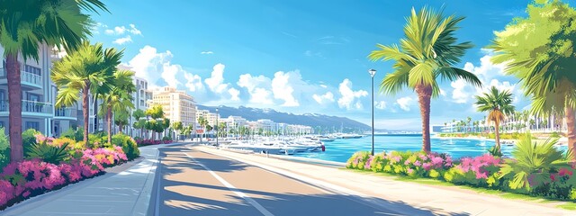 A beautiful illustration of the coastal city street in Sh quien el marina, Egypt with luxury villas and shops on either side of it.