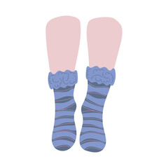 Beautiful pair of blue striped socks with fluffy top on female white skin legs on white background. Hand drawn vector illustration in flat style. Textile, clothes brand, children, woman, winter season