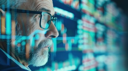 Elderly man analyzing stock market trends on digital display.