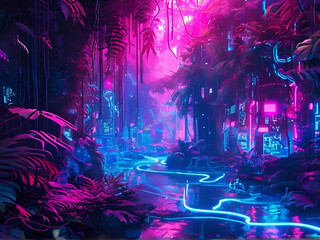 Fototapeta premium A jungle filled with vivid neon lights, enhancing the rich foliage and creating an enchanting, otherworldly landscape.
