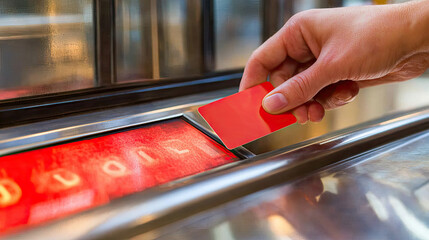 Close-up of the card reader on an electronic turnstile, with a person's hand holding a keycard near the sensor. Metallic surface. --chaos