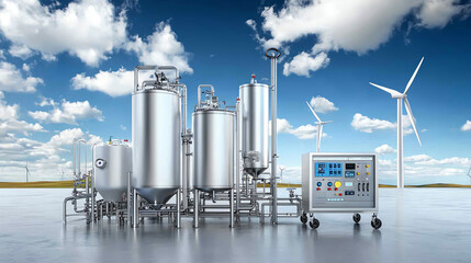 Obraz premium Innovative industrial setup featuring advanced machinery and renewable energy sources in a modern landscape