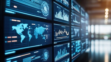 Wall of Monitors Displaying Data and Graphs