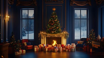 A cozy living room decorated for Christmas, with wrapped gifts stacked in front of the fireplace and an elegant tree standing tall beside it.