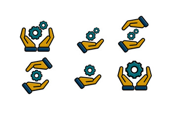 hand icon set. Hand holding cogwheel icon, Gear in hand sign, Maintenance service guarantee, Setting and repair sign. Flat design style 