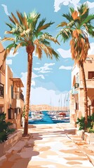 A beautiful illustration of the coastal city street in Sh quien el marina, Egypt with luxury villas and shops on either side of it.