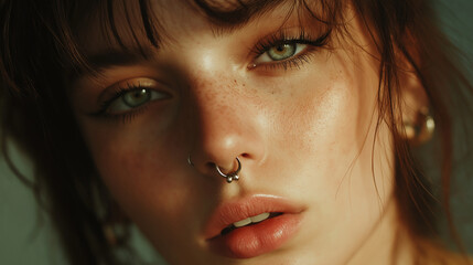 Person with septum piercing, small hoop positioned perfectly, face partially hidden