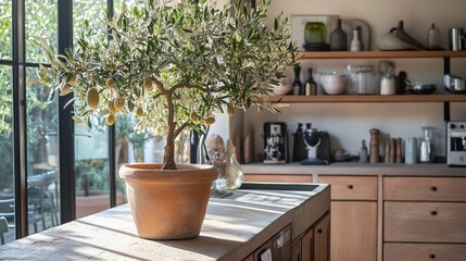 Indoor Potted Olive Tree in Rustic Kitchen Setting