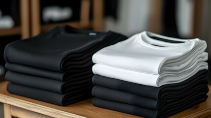 Neatly folded black and white t-shirts stacked for creative apparel display -