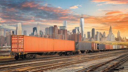 Fototapeta premium Containers securely loaded on a freight train, moving through an urban area with high-rise buildings and industrial facilities nearby --chaos
