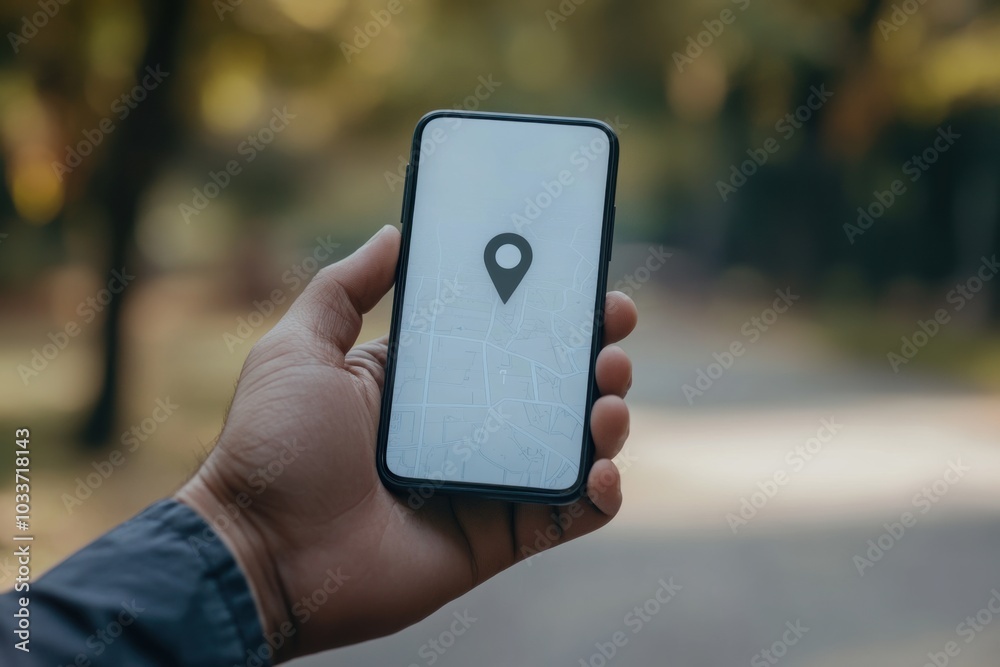 Poster A male hand grips a smartphone showing a location pin, indicating direction while walking along a tranquil wooded pathway. Generative AI