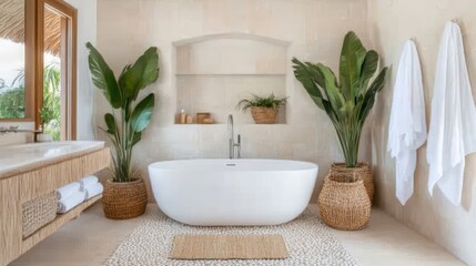 Fototapeta premium A serene tropical chic bathroom with a freestanding bathtub and lush plants, designed for a peaceful spa-like retreat