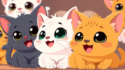 Fototapeta premium Cute cartoon kittens with big eyes and joyful expressions sitting together in a playful setting