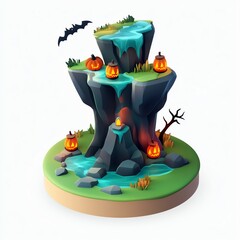 A spooky, stylized Halloween-themed scene featuring a rocky water feature with glowing pumpkins and bats, perfect for festive decorations.