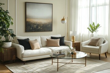Fototapeta premium Interior design of modern living room interior with mock up poster frame, modern sofa, wooden sideboard, glass coffee table, rug, wall with stucco and, Generative AI