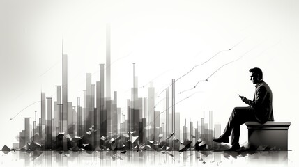 Fototapeta premium Silhouette of a man working on a digital device, overlooking a futuristic city skyline with data graphs, symbolizing modern business and technology.