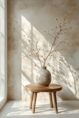 Minimalist composition of japandi living room interior with modern paint, wooden sideboard, vase with red rowan, carpet, bowl, candlestick, books and personal accessories. Home decor, Generative AI