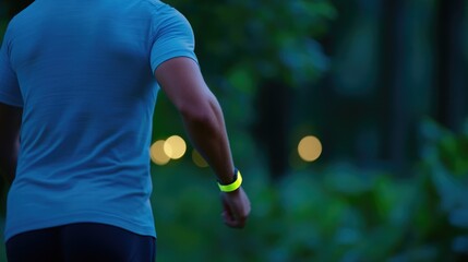 Evening Run with Yellow Reflective Wristband A person runs in a forest during the evening wearing a yellow reflective wristband for visibility and safety