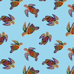 Pattern with colorful turtles.Vector seamless pattern with bright turtles on a colored background.