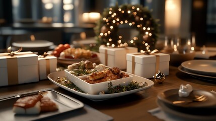 A beautifully set Christmas dinner table with food, gifts, and festive decorations.