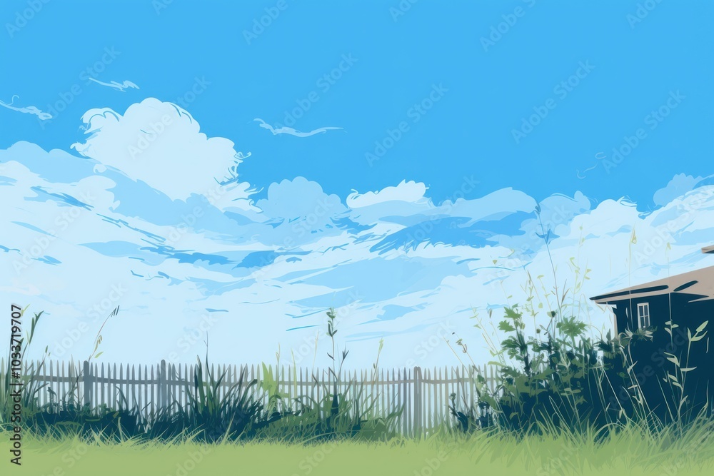 Poster Sky architecture landscape grassland, digital paint illustration.  image