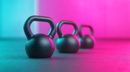 Fototapeta premium A close-up view of three black kettlebells arranged neatly, set against a vibrant pink and teal background, ideal for fitness and workout themes.