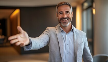 Fototapeta premium Portrait of a Smiling Man in a Suit Extending His Hand in an Office Setting