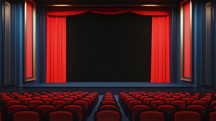 A luxurious theater auditorium viewed from behind with seats at a higher elevation in the back and lower closer to the stage. The stage is a blank black screen with red curtain pulled back