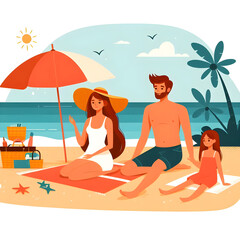 Family enjoying summer vacation relaxing on the beach under umbrella