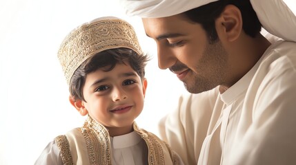 A Muslim father and son in traditional clothing look lovingly at each other.