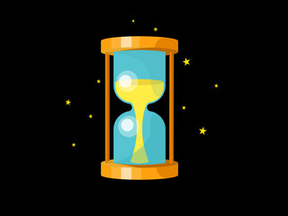 Magic hourglass with golden sand on black background. Flat vector illustration.