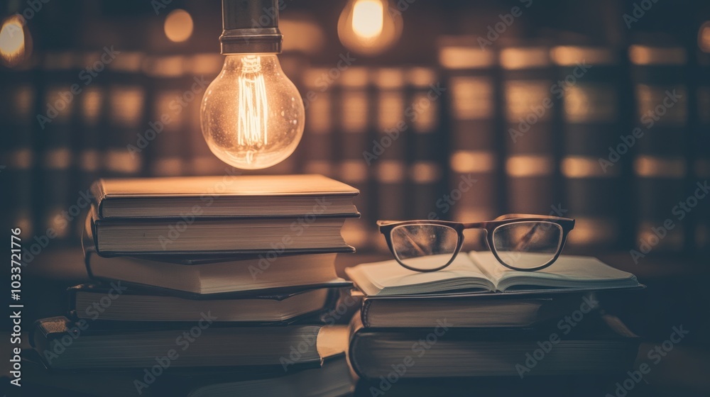 Aufkleber Illuminated Stack of Books with Glasses and a Lightbulb