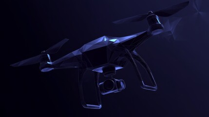 A striking low poly design of a quadcopter drone, presented as a polygonal vector illustration against a dark background, highlighting innovative concept of unmanned aerial vehicles in modern design