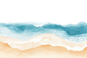 A serene watercolor illustration of ocean waves gently lapping against a sandy beach, reflecting calm and tranquility.