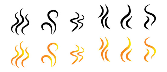 Smoke steam icon vector logo set. Smoke smell, steam aroma heat icon illustration. Hot vapor fire doodle line logo. Hit stink, coffee, fragrance flame elements. Vector illustration.