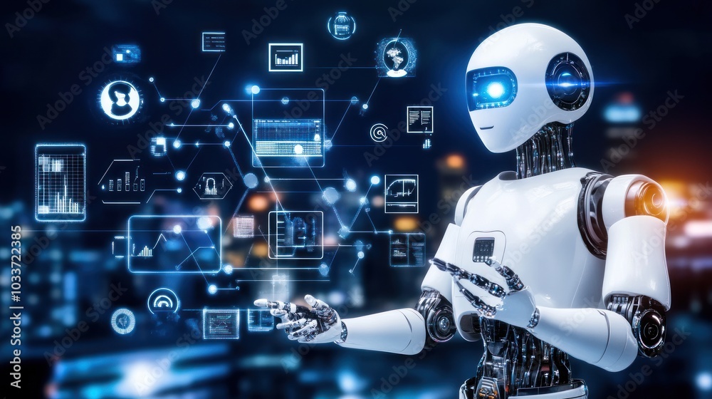 Poster White humanoid robot interacting with digital data interface