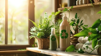 eco-friendly products such as soap and hair shampoo bottles with green recycling symbols in plastic containers on a wooden shelf near a window with plants.