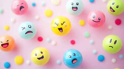 Emotion balls scattered across a pastel background, featuring a range of faces depicting happiness, sadness, anger, and surprise --chaos