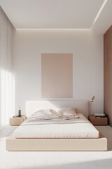 Fototapeta premium Minimalist bedroom interior design featuring white walls and pastel colors, showcasing a modern aesthetic with bold lines and asymmetric balance