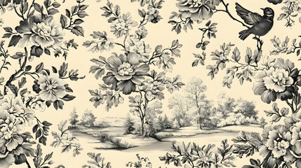 Fototapeta premium Toile seamless pattern featuring intricate floral and scenic motifs, vintage-inspired design. -