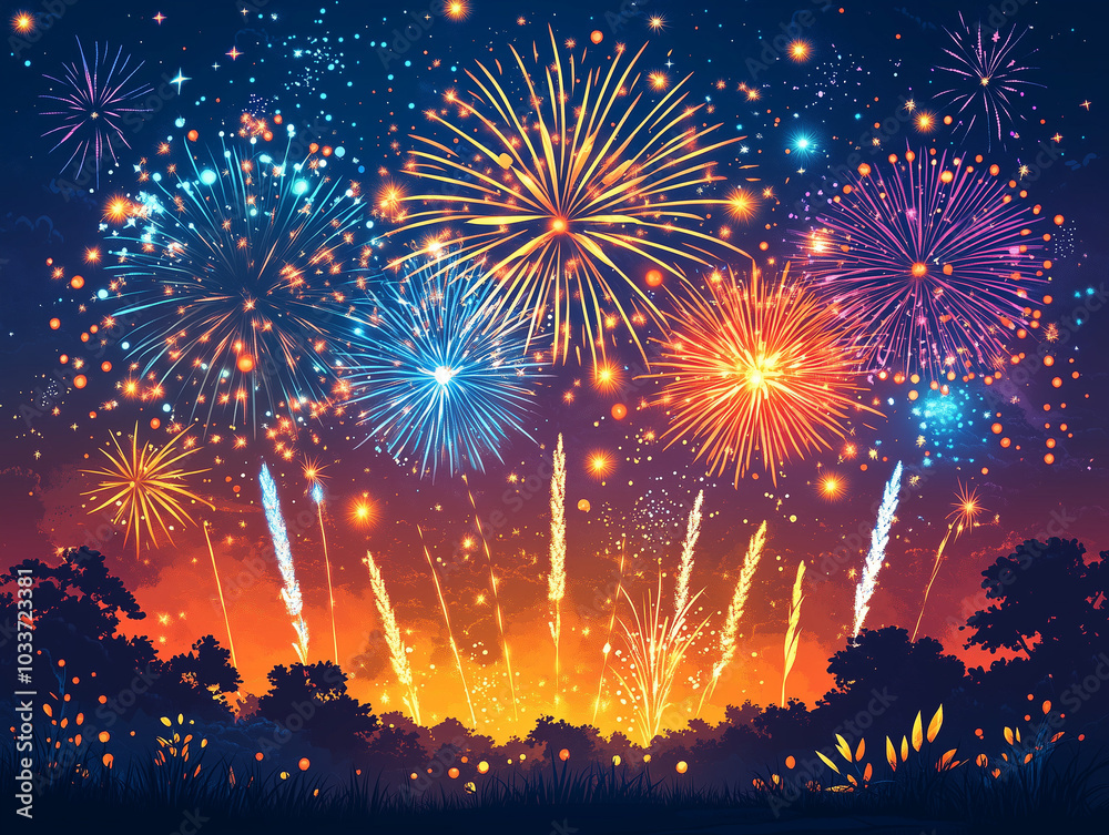 Wall mural a cartoon style illustration of holiday fireworks bursting in the night sky.